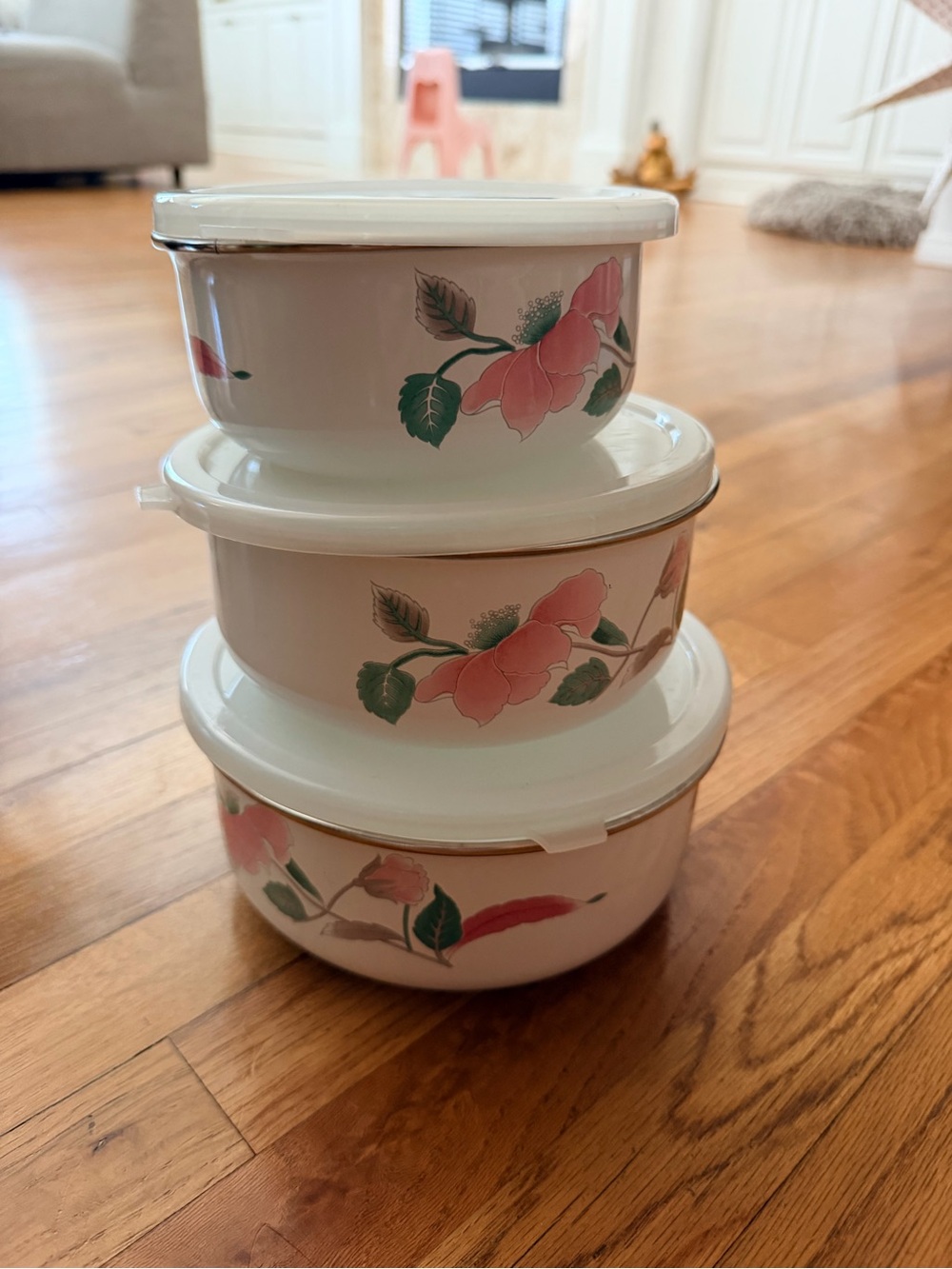 Vintage Mikasa “Silk Flowers” 6 piece enamel mixing bowl set